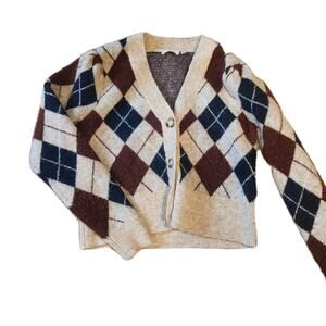 RD Style Drop Shoulder Brown/tan/navy Argyle Button Up Sweater Sz XS‎